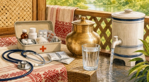 Illustration of medical supplies, a stethoscope, filtered water and a clean drinking glass