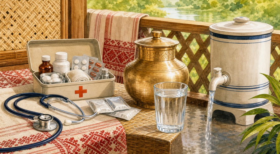 Illustration of a stethoscope and first-aid supplies beside filtered water, an Assamese vessel and a clean drinking glass
