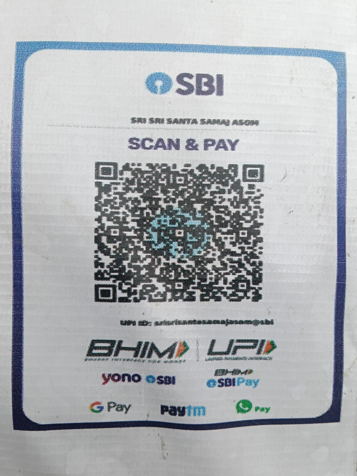 SBI UPI QR code for Sri Sri Santa Samaj Assam flood relief